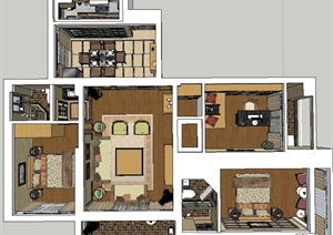 某中式三室两厅住宅空间装修设计SU(草图大师)模型