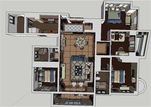 一套经典欧式三室住宅空间装修设计SU(草图大师)模型