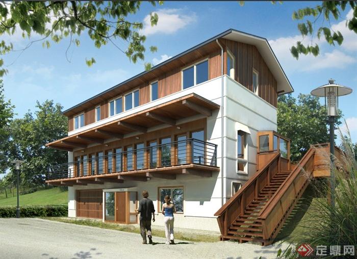 某三层木质住宅别墅建筑设计PSD效果图(1)