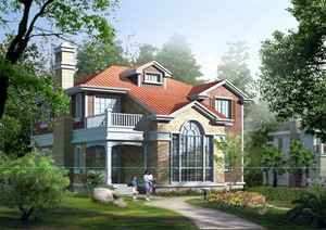 某欧式两层花园洋房别墅建筑设计PSD效果图