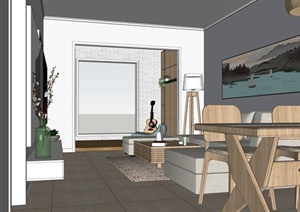 现代风格某单身公寓室内装修设计SU(草图大师)模型