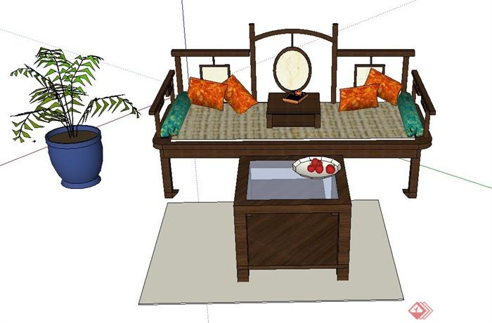 古典中式风格木质沙发茶几设计SU模型(1)