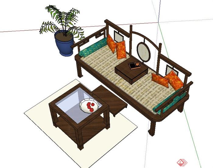 古典中式风格木质沙发茶几设计SU模型(2)