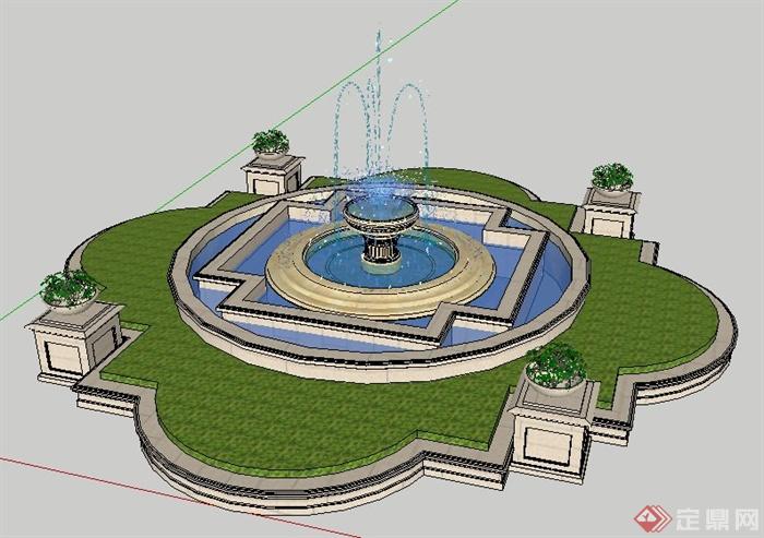 欧式风格喷泉水景花坛设计su模型(1)