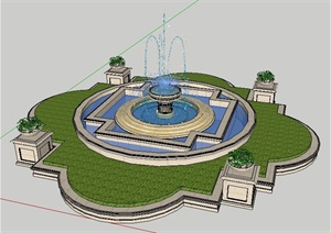 欧式风格喷泉水景花坛设计SU(草图大师)模型