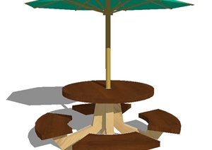 现代户外木质桌凳及遮阳伞SU(草图大师)模型