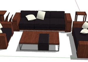 中式木质沙发、茶几设计SU(草图大师)模型