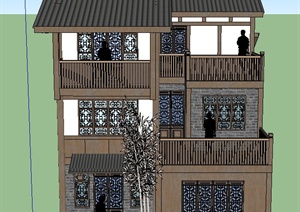 某古典中式三层带庭院住宅建筑设计SU(草图大师)模型