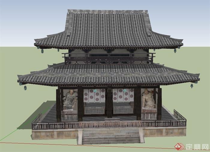 古典中式寺庙两层塔楼建筑设计SU模型(1)