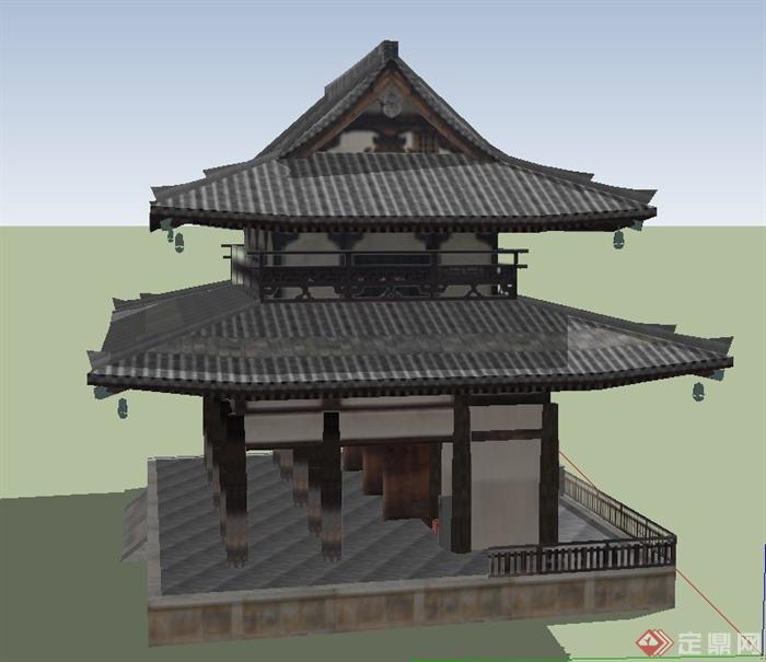 古典中式寺庙两层塔楼建筑设计SU模型(3)