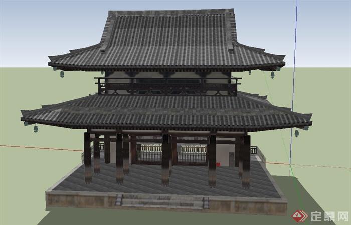 古典中式寺庙两层塔楼建筑设计SU模型(2)