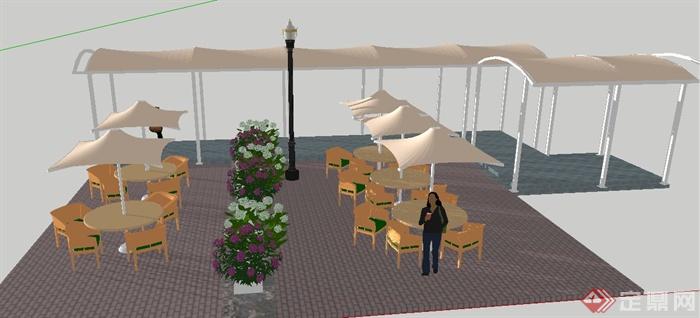现代风格桌椅、廊架、遮阳伞组合su模型(2)