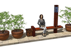园林景观坐凳、盆栽、灯柱SU(草图大师)模型