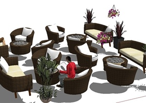 现代风格咖啡馆沙发茶几组合SU(草图大师)模型
