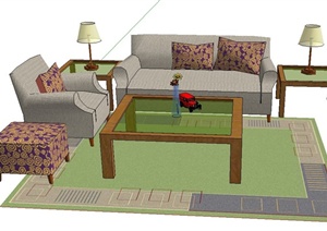 现代室内玻璃茶几、沙发组合设计SU(草图大师)模型