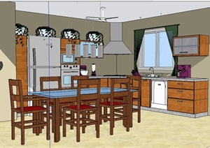 现代中式风格厨房及餐厅设计SU(草图大师)模型