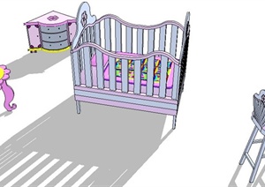 现代风格婴儿床、边柜、儿童坐凳SU(草图大师)模型