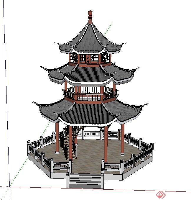 园林景观节点三层塔楼建筑设计SU模型(1)