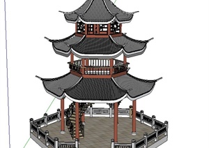 园林景观节点三层塔楼建筑设计SU(草图大师)模型