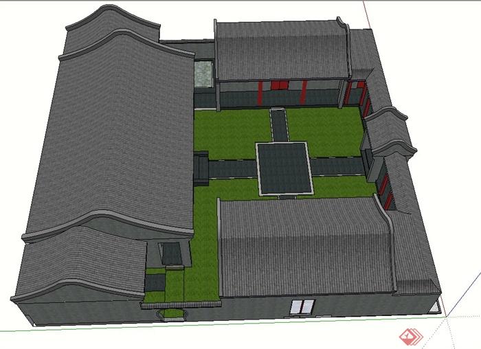 古典中式单层住宅四合院建筑设计SU模型(3)