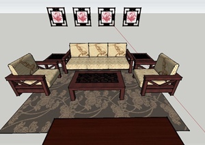中式木质沙发茶几、电视柜设计SU(草图大师)模型