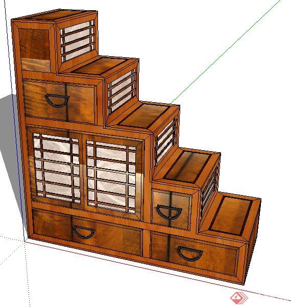 日式风格台阶式储物柜su模型(2)