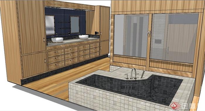 日式风格原木风卫生间室内设计su模型(2)