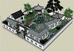 中式小型古典园林庭院规划SU(草图大师)模型