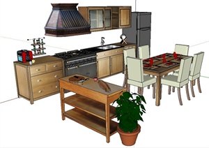 中式风格整体橱柜及餐桌椅SU(草图大师)模型