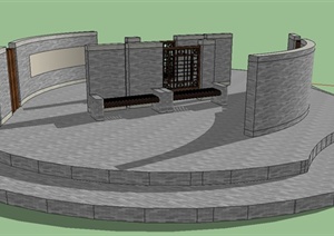 园林景观景点青砖平台、景墙组合设计SU(草图大师)模型
