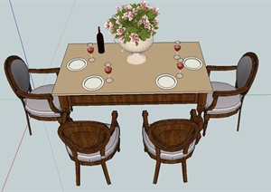 室内欧式四人靠墙餐桌椅设计SU(草图大师)模型