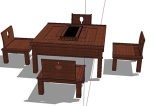 木质四人方形茶桌椅设计SU(草图大师)模型