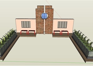 园林景观节点景墙、坐凳、种植池组合设计SU(草图大师)模型