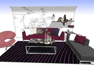 现代室内沙发、茶几、背景墙设计SU(草图大师)模型