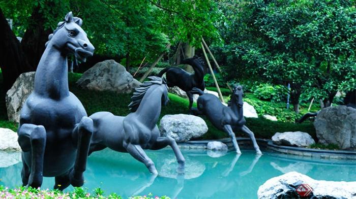 雕塑,马匹,景石,景观水池,雕塑水池