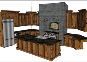 欧式风格全木材厨房室内设计SU(草图大师)模型