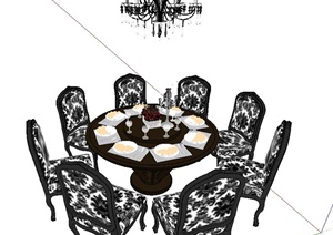 现代某黑色系欧式八人餐桌椅设计SU(草图大师)模型