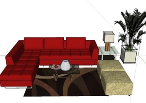 现代室内红色系沙发茶几组合设计SU(草图大师)模型