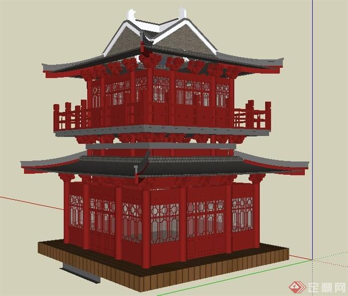 中式风格古建塔楼设计su模型(2)