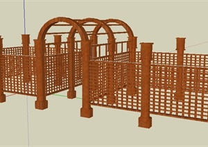 现代风格园林景观木廊架及栅栏SU(草图大师)模型