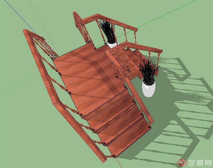 室内木质三叉楼梯设计SU模型(3)