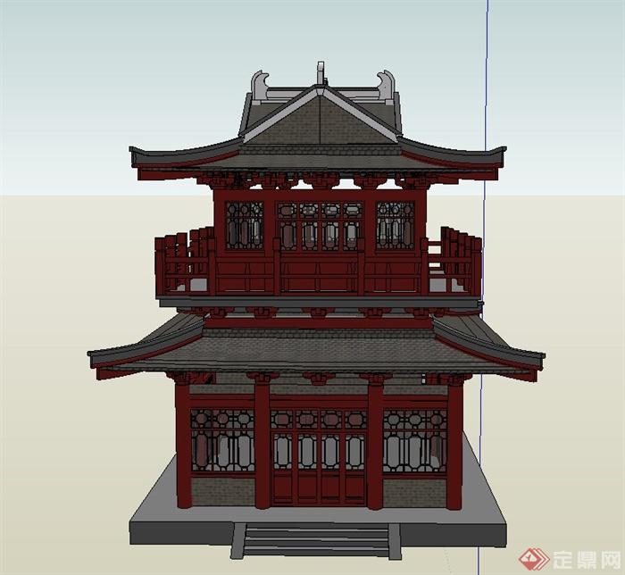 古典中式两层方形茶楼建筑设计SU模型(1)