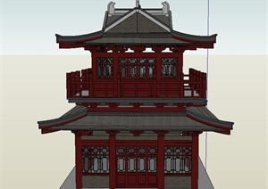 古典中式两层方形茶楼建筑设计SU(草图大师)模型