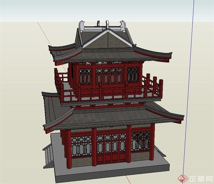 古典中式两层方形茶楼建筑设计SU模型(2)