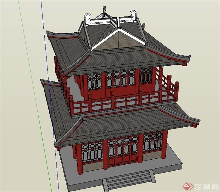 古典中式两层方形茶楼建筑设计SU模型(3)