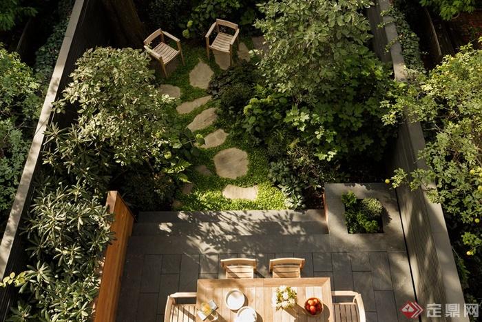 餐桌椅,地面铺装,汀步,地被植物,花灌木,围墙,庭院景观八角金盘,秀球花