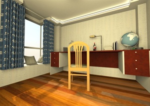 中式风格卧室、书房室内设计SU(草图大师)模型