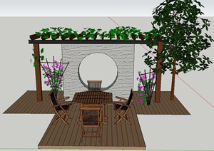 园林景观节点木桌椅、景墙设计SU(草图大师)模型