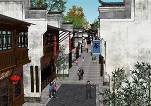 古典中式某沿河商业街建筑设计SU(草图大师)模型