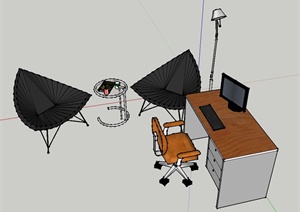 现代室内三角形休闲椅与电脑桌椅设计SU(草图大师)模型